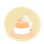  animal bear bird chai_(drawingchisanne) commentary_request dessert eye_contact food food_focus looking_at_another no_humans on_food original polar_bear pudding signature simple_background sitting_on_food sweets_bird undersized_animal 