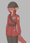  amphibia_(series) amphibian anthro armor blonde_hair clothing disney fist frankievix general_yunan hair headgear helmet lady_olivia newt pink_body pink_skin ribbons salamander_(amphibian) short_hair soldier soldier_uniform solo standing uniform warrior 