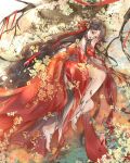  1girl bare_legs barefoot brown_hair chinese_clothes facial_mark feet flower forehead_mark hair_ornament highres huo_linger_(wanmei_shijie) huo_linger_tongren_she long_hair lying on_side solo tassel wanmei_shijie 