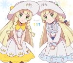  2girls bangs blonde_hair braid buttons closed_mouth collared_dress commentary_request dress eyelashes flower green_eyes hat lillie_(pokemon) long_hair long_sleeves looking_at_viewer multiple_girls own_hands_together pokemon pokemon_(anime) pokemon_journeys sara_bon sleeveless sleeveless_dress smile split_mouth twin_braids watermark white_background white_dress white_flower white_headwear 