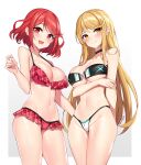  2girls bare_arms bare_shoulders bikini black_bikini black_choker blonde_hair breasts choker cleavage closed_mouth frilled_bikini frills grey_background highres large_breasts long_hair looking_at_viewer multiple_girls mythra_(xenoblade) navel open_mouth plaid plaid_bikini pyra_(xenoblade) red_bikini red_eyes red_hair short_hair simple_background smile stomach swimsuit thighs white_bikini xenoblade_chronicles_(series) xenoblade_chronicles_2 yellow_eyes yuxian_youka 