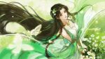  1girl absurdres baiguio_(zhu_xian) brown_hair bug bush butterfly douluo_dalu_xiaowu_zhuye dress expressionless flower from_above green_dress hair_flower hair_ornament highres jewelry leaf_hair_ornament long_hair necklace own_hands_together smile solo zhu_xian 
