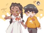  2girls :o apex_legends black_hair black_pants blush braid clenched_hand dress hair_behind_ear kogane_mushi loba_(apex_legends) long_hair multiple_girls open_mouth orange_eyes pants short_hair sketch smile sweater twin_braids valkyrie_(apex_legends) walking white_dress yellow_eyes yellow_sweater younger 