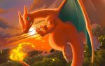  charizard claws cloud commentary_request fire flame-tipped_tail flying from_behind green_eyes looking_back no_humans outdoors pokemon pokemon_(creature) sky smile solo sun sunset teeth twilight yukari_(yukari21653710) 