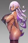  1girl amamiya_(abaros) armband arms_behind_back ass black_legwear breasts covered_nipples dark-skinned_female dark_skin dripping earrings highres huge_breasts jewelry looking_at_viewer nipples original plump pointy_ears purple_hair revealing_clothes see-through skindentation solo sweat sweatdrop tan thick_thighs thighhighs thighs underboob yellow_eyes 