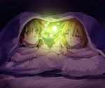  2girls :&lt; ^_^ aihara-rina bangs bed_sheet blanket blonde_hair blush bow braid brown_hair chinese_commentary closed_eyes crossed_arms frilled_bow frilled_hair_tubes frills hair_between_eyes hair_bow hair_tubes hakurei_reimu highres kirisame_marisa magic medium_hair multiple_girls on_pillow pillow pointing red_bow shared_blanket shirt short_sleeves single_braid sleepover smile star_(symbol) touhou white_shirt 