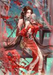  1girl bare_legs brown_hair chinese_clothes cleavage_cutout clothing_cutout curtains dress facial_mark forehead_mark hair_ornament hand_fan highres huo_linger_(wanmei_shijie) huo_linger_tongren_she long_hair red_dress sitting smoke table wanmei_shijie wooden_floor 