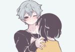  1boy 1girl black_hair black_sweater blush closed_eyes couple grey_hair hetero jewelry kiss kissing_neck necklace nihellie nose_blush one_eye_closed original shirt short_hair simple_background sweat sweater symbol-only_commentary twitter_username upper_body yellow_shirt 