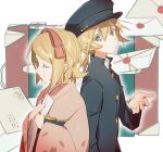  1boy 1girl bangs blonde_hair chi_ya closed_eyes colored_eyelashes crying envelope flipped_hair gakuran green_eyes hair_ribbon hairband hands_on_own_chest hands_up hat highres holding holding_leash japanese_clothes kagamine_len kagamine_rin kimono leash letter long_sleeves looking_at_another medium_hair ponytail profile ribbon school_uniform suitcase vocaloid wide_sleeves 