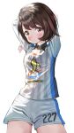  1girl :t absurdres arms_behind_head bangs blush bob_cut brown_eyes brown_hair closed_mouth collared_shirt commentary_request cowboy_shot gloria_(pokemon) gym_challenge_uniform highres looking_at_viewer orodji_(shinorozi) pokemon pokemon_(game) pokemon_swsh pout print_shirt shirt short_hair shorts solo stretch white_background 