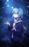  1other blue_hair braid highres japanese_clothes kotorimyuu long_hair rimuru_tempest scarf snow snowing solo tensei_shitara_slime_datta_ken yellow_eyes 