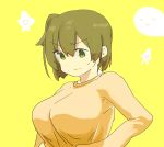  1girl absurdres alternate_costume breasts brown_hair casual commentary eyebrows_visible_through_hair green_eyes hair_between_eyes highres hiryuu_(kancolle) kantai_collection large_breasts long_sleeves looking_down madmag1990 one_side_up shirt short_hair simple_background solo upper_body yellow_background yellow_shirt 