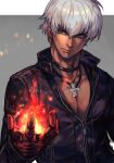  1boy black_jacket blue_eyes choker closed_mouth dark-skinned_male dark_skin fire gauntlets hungry_clicker jacket jewelry k&#039;_(kof) looking_to_the_side male_focus necklace open_clothes open_jacket pectoral_cleavage pectorals pyrokinesis solo the_king_of_fighters upper_body white_hair 