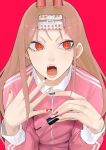  +_+ 1girl chainsaw_man collar fangs highres horns jacket long_sleeves looking_to_the_side nail_art nail_polish nail_polish_bottle open_mouth power_(chainsaw_man) red_background red_eyes red_horns sailen0 simple_background solo track_jacket 