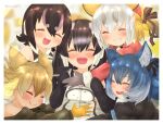  5girls african_penguin_(kemono_friends) animal_costume animal_ears bird black_hair blonde_hair coroha coyote_(kemono_friends) coyote_ears coyote_girl dire_wolf_(kemono_friends) fox_ears fox_girl headphones humboldt_penguin_(kemono_friends) island_fox_(kemono_friends) kemono_friends kemono_friends_v_project long_hair microphone multiple_girls penguin penguin_costume ribbon short_hair smile straight_hair twintails virtual_youtuber wolf_ears wolf_girl 