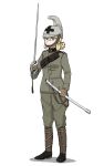  1girl anyan_(jooho) bandolier gloves helmet highres holding holding_sword holding_weapon italian_army italy military military_uniform original saber_(weapon) sheath solo standing sword uniform weapon white_background world_war_i 