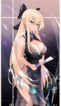 1girl absurdres bare_arms bare_shoulders black_dress blonde_hair blue_eyes bow braid breasts china_dress chinese_clothes cleavage cleavage_cutout closed_mouth clothing_cutout commission dress expressionless folding_fan hair_bow hand_fan highres holding kooemong large_breasts long_hair looking_at_viewer no_panties original pelvic_curtain sleeveless sleeveless_dress solo sonya_(schan) standing thighs very_long_hair 