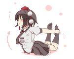  1girl bangs black_hair black_legwear black_skirt closed_eyes closed_mouth collared_shirt eyebrows_visible_through_hair from_side full_body hat kneehighs looking_at_viewer pom_pom_(clothes) red_eyes red_headwear shameimaru_aya shirt short_hair simple_background skirt solo stretch tokin_hat totoharu_(kujirai_minato) touhou white_background white_shirt 