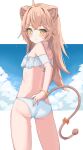  1girl absurdres adjusting_clothes ahoge animal_ears ass bangs bikini blue_sky blush bow bracelet breasts brown_hair closed_mouth cloud cloudy_sky commentary_request crossed_bangs eyebrows_visible_through_hair eyelashes feet_out_of_frame frilled_bikini frills from_behind highres indie_virtual_youtuber jewelry lion_ears lion_girl lion_tail long_hair looking_back rurudo_lion sidelocks sky small_breasts standing swimsuit tail tail_bow tail_ornament thighs virtual_youtuber white_bikini yellow_eyes youyoukai 