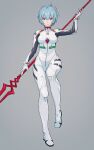  1girl absurdres ayanami_rei bident blue_hair bodysuit full_body hajikkoneko highres holding interface_headset lance_of_longinus looking_at_viewer multicolored_bodysuit multicolored_clothes neon_genesis_evangelion pilot_suit plugsuit polearm red_eyes short_hair solo symbol-only_commentary weapon white_bodysuit 
