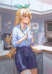  1girl absurdres blonde_hair blue_skirt blurry blurry_background brown_eyes collared_shirt cup dress_shirt fairy formal halter_top halterneck highres holding holding_cup long_hair long_sleeves looking_at_viewer maplesights mature_female microwave miniskirt mug multiple_views name_tag nijisanji nijisanji_en office_lady pantyhose pointy_ears pomu_rainpuff salaryman shirt shirt_tucked_in skirt skirt_suit sleeves_rolled_up solo suit virtual_youtuber white_shirt 