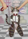  absurd_res anthro bdsm breasts collar domestic_cat english_text exhibitionism felid feline felis female group hi_res human insaneproxy_(artist) leash male mammal petting_head slim small_breasts stripes text trio 