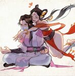  2girls anklet annoyed barefoot black_hair breasts character_request chinese_clothes cleavage closed_eyes copyright_request hug hug_from_behind jewelry long_hair mask meditation mouth_mask multiple_girls pointy_ears seiza sitting velocesmells 