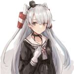  1girl amatsukaze_(kancolle) aruka bangs black_dress breasts brown_eyes closed_mouth dress gloves grey_neckerchief hair_between_eyes hair_tubes hand_on_own_chest kantai_collection long_hair looking_at_viewer neckerchief sailor_collar sailor_dress simple_background small_breasts solo two_side_up upper_body very_long_hair white_gloves white_sailor_collar 