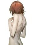 1girl ahoge breasts covered_nipples from_behind hands_up highres higuchi_madoka idolmaster idolmaster_shiny_colors red_eyes short_hair shoulder_blades simple_background skinny small_breasts solo white_background yannn 