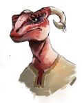  2013 animal_humanoid anthro argonian bethesda_softworks bust_portrait clothing colored digital_drawing_(artwork) digital_media_(artwork) facial_markings female glare head_markings hi_res horn horn_jewelry humanoid jewelry lips makeup markings monotone_background pink_body pink_scales portrait princess_leia_(sips) red_body red_lips red_scales scales scalie scalie_humanoid shaded silver_eyes simple_background skyrim solo the_elder_scrolls thombird topwear video_games white_background yogscast 