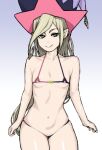  1girl bakiwa bikini black_bikini breasts commentary english_commentary green_eyes hat long_hair looking_at_viewer magilou_(tales) micro_bikini multicolored_bikini multicolored_clothes navel pink_bikini pointy_ears red_bikini small_breasts smile swimsuit tales_of_(series) tales_of_berseria two-tone_bikini white_background witch_hat 