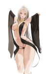  1girl arms_up bare_shoulders bikini black_bikini blush breasts grey_hair hair_between_eyes kurumi_(recycllamo) large_breasts lips long_hair looking_at_viewer navel original parted_lips simple_background solo standing stomach swimsuit white_background yellow_eyes 
