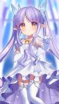  1girl blush brown_eyes dress elbow_gloves eskimofox garter_straps gloves highres holding holding_hair kyouka_(princess_connect!) long_hair looking_at_viewer outstretched_arm outstretched_hand pointy_ears princess_connect! purple_hair ribbon solo thighhighs thighs very_long_hair white_dress white_gloves white_legwear 