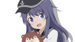  1girl akatsuki_(kancolle) anchor_symbol black_headwear black_sailor_collar bokukawauso flat_cap hat kantai_collection long_hair neckerchief parody purple_hair red_neckerchief sailor_collar school_uniform serafuku simple_background solo stuffed_otter style_parody sugapi upper_body white_background 