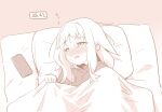  1girl blush brown_background cellphone commentary_request futon half-closed_eyes hand_up monochrome nose_blush original parted_lips phone pillow raigou shirt simple_background solo sweat under_covers wavy_mouth 