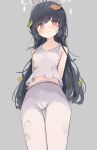  1girl arms_behind_back bangs black_hair blue_archive blush breasts camisole closed_mouth collarbone eyebrows_visible_through_hair grey_background halo highres leaf leaf_on_head long_hair looking_at_viewer mikozin miyu_(blue_archive) navel pants red_eyes simple_background sleeveless small_breasts solo standing sweatdrop thigh_gap white_camisole white_pants yoga_pants 