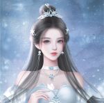  1girl black_hair blue_eyes collar dress earrings expressionless facial_mark forehead_mark hair_bun highres jewelry looking_at_viewer lu_xueqi_(zhu_xian) lu_xueqi_tongren_ye upper_body white_dress zhu_xian 