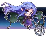  1girl blue_eyes blue_hair braid chibi cloak commission dg11 fate/stay_night fate_(series) green_cloak highres holding holding_knife holding_staff hood knife long_hair long_sleeves medea_(fate) pointy_ears purple_robe rulebreaker side_braid skeb_commission smile solo staff 