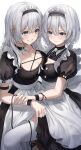  2girls absurdres apron blue_eyes breasts cleavage frilled_apron frills highres long_hair maid maid_apron maid_headdress medium_breasts mela_(rbw1s) mole mole_under_eye multiple_girls original short_hair smile thighhighs waist_apron white_apron 