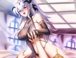  1girl alternate_costume azur_lane bare_shoulders belfast_(azur_lane) black_gloves black_panties black_ribbon blurry blurry_background blush braid breasts covered_nipples cowgirl_position dark_persona demon_girl demon_horns elbow_gloves eyebrows_visible_through_hair french_braid full-face_blush gloves gosama hair_ribbon highres holding_hands horns huge_breasts implied_sex indoors interlocked_fingers jewelry light_purple_hair long_hair on_bed open_mouth panties purple_eyes ribbon see-through straddling thigh_grab underwear window 