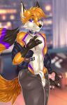  absurd_res animal_genitalia anthro canid canine city city_background clothed clothing collar danilokumriolu fox genitals hi_res kruger male mammal necktie open_clothing open_shirt open_topwear pose sheath shirt solo topwear 