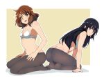  2girls :d arm_support ass bare_arms bare_shoulders black_hair black_legwear bra breasts brown_hair butt_crack cleavage closed_mouth eyebrows_behind_hair full_body hibike!_euphonium highres kneeling kousaka_reina leaning_forward long_hair looking_at_viewer multiple_girls nail_polish navel no_panties no_shoes open_mouth oumae_kumiko pantyhose purple_eyes purple_nails sbel02 short_hair small_breasts smile two-tone_background underwear white_background white_bra yellow_background yellow_eyes yellow_nails 