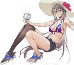  1girl ahoge bangs bare_shoulders bikini blue_footwear blush breasts collarbone cup full_body grey_hair grey_legwear grey_shorts hair_between_eyes hat holding holding_cup kurumi_(recycllamo) long_hair looking_at_viewer navel original parted_lips purple_bikini red_eyes sandals short_shorts shorts simple_background single_thighhigh smile solo stomach swimsuit thighhighs white_background white_headwear 