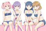  4girls ahoge akebono_(kancolle) bandaid bandaid_on_cheek bandaid_on_face bell black_hair breast_squeeze breasts brown_eyes brown_hair cleavage collarbone crossed_legs dolphin_shorts highres jingle_bell kantai_collection large_breasts medium_breasts mimofu_(fullhighkick) multiple_girls oboro_(kancolle) open_mouth pink_eyes pink_hair purple_eyes purple_hair sazanami_(kancolle) scrunchie shorts side_ponytail sitting small_breasts smile twintails ushio_(kancolle) 