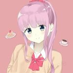  1girl 7_calpis_7 bangs blue_eyes blush bow brown_cardigan cake cake_slice cardigan closed_mouth coffee collared_shirt commentary_request cup dress_shirt eyebrows_visible_through_hair food fruit hair_bow hand_up head_tilt long_hair long_sleeves original pink_background pink_hair ponytail red_bow sample_watermark school_uniform shirt sidelocks simple_background sleeves_past_fingers sleeves_past_wrists smile solo strawberry white_shirt 