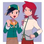  2boys :d alternate_color backwards_hat black_hair brown_pants clenched_hands commentary_request cowlick ethan_(pokemon) green_headwear green_jacket hand_on_hip hands_up hat jacket long_hair long_sleeves looking_down male_focus multiple_boys official_alternate_costume open_mouth pants parted_lips pokemon pokemon_(game) pokemon_masters_ex purple_eyes red_hair red_pants shirt short_hair silver_(pokemon) smile tongue tyako_089 white_jacket yellow_shirt 