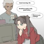  1boy 1girl archer_(fate) black_hair black_skirt blue_eyes cup dark-skinned_male dark_skin fate/stay_night fate_(series) grey_eyes long_hair microwave mug neco-arc pantsu-ripper pleated_skirt skirt speech_bubble sweater tohsaka_rin two_side_up white_hair 