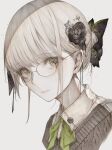  1girl bangs blunt_bangs collared_shirt cropped_shoulders eyebrows_visible_through_hair face flower glasses gradient gradient_background grey_background hair_flower hair_ornament highres hito_komoru looking_at_viewer original parted_lips portrait shirt simple_background solo yellow_eyes 