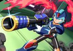  1boy absurdres aiming android blue_armor building clenched_teeth dated deviantart_username energy_cape english_commentary green_eyes gun helmet highres holding holding_gun holding_weapon innovator123 legs_apart looking_afar male_focus mega_man_(series) mega_man_x:_command_mission mega_man_x_(character) mega_man_x_(series) mega_man_x_dive outdoors pixiv_id robot signature smoke solo sparkle standing teeth tumblr_username twitter_username weapon 
