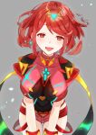  1girl bangs black_gloves breasts chest_jewel cwdz7828 earrings fingerless_gloves gem gloves headpiece jewelry large_breasts pyra_(xenoblade) red_eyes red_hair red_shorts short_hair short_shorts shorts solo swept_bangs tiara xenoblade_chronicles_(series) xenoblade_chronicles_2 